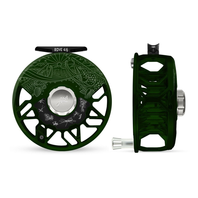 Abel ROVE Reel 4/6 Deep Green, Platinum Drag Knob, Underwood Drift and Freshwater Flies Engraving with Platinum Handle