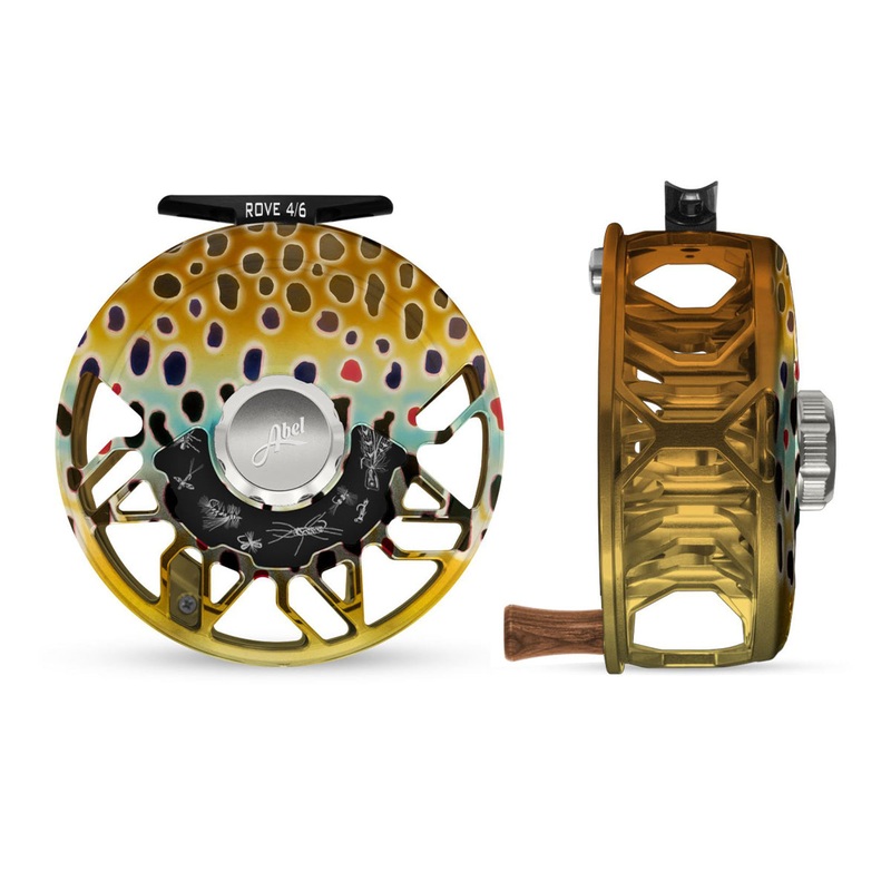 Abel ROVE Reel 4/6 Native Brown, Platinum Drab Knob and Freshwater Flies Engraving with Walnut Handle