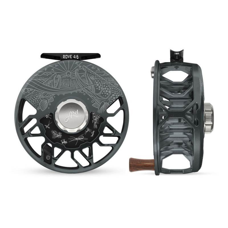 Abel ROVE Reel 4/6 Slate Grey, Platinum Drag Knob, Underwood Drift and Freshwater Flies Engraving with Rosewood Handle