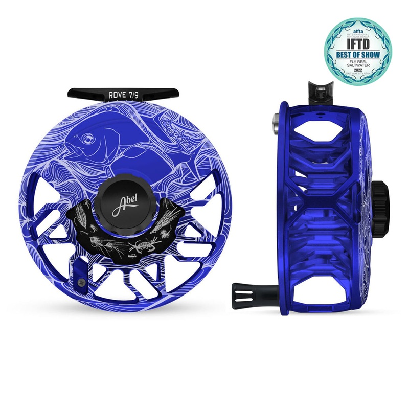 Abel ROVE Reel 7/9 Blue III, Gloss Black Drag Knob, Larko Permit Engraving, Saltwater Flies Engraving with Black Handle