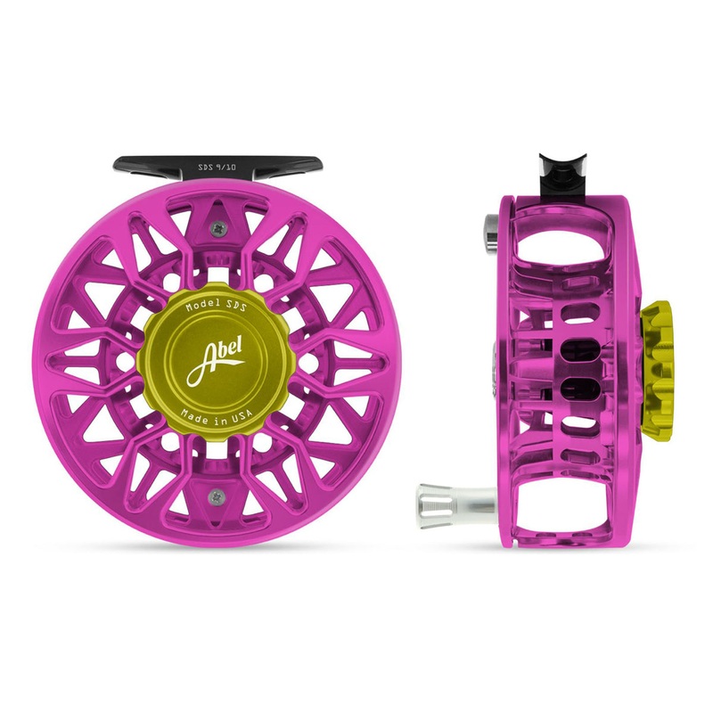 Abel SDS Reel Ported 9/10 Pink, Lime Green Drag Knob with Platinum Handle