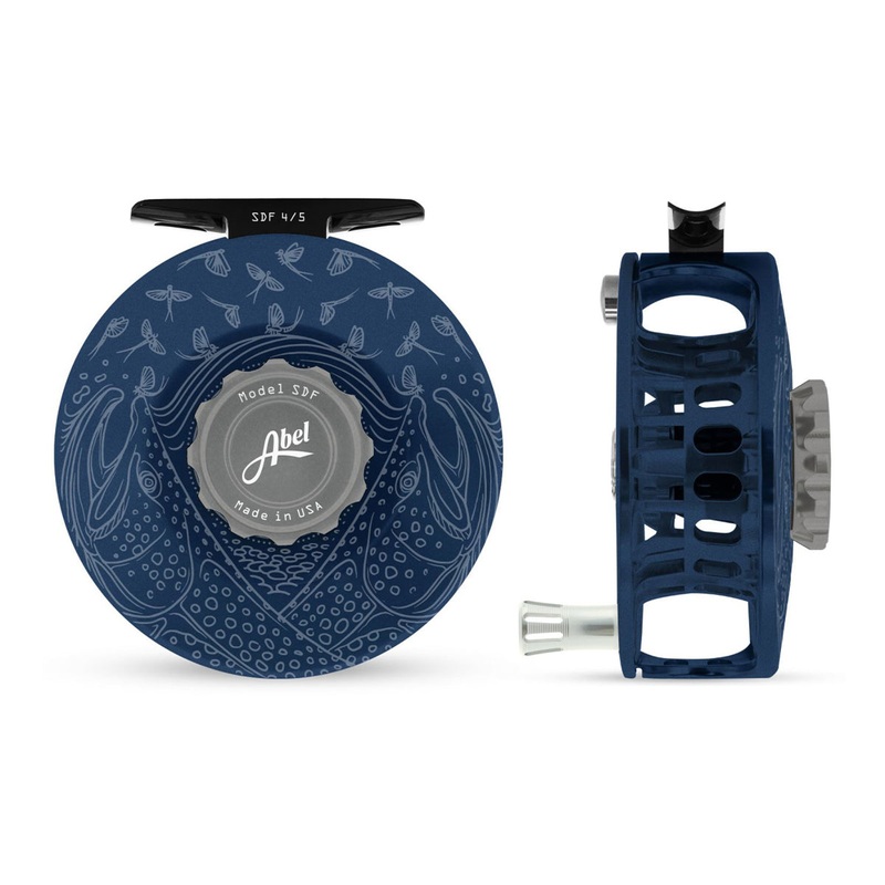 Abel SDF Solid Reel 4/5 Satin Deep Blue, Satin Platinum Drag Knob, Underwood Mayfly Flurry with Platinum Handle
